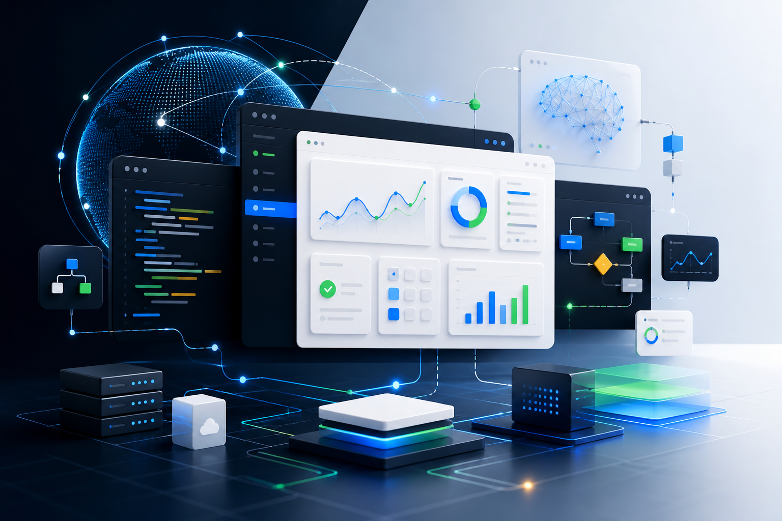 Abstract AI productivity dashboards and workflow automation systems